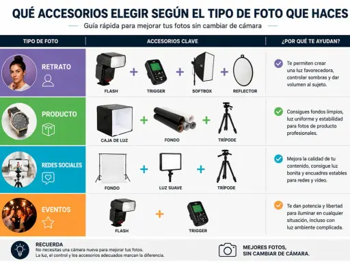Guía para elegir accesorios de fotografía: flash, softbox, trípode y más. Ideal para echar una foto perfecta en retratos, productos o eventos.