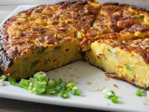 Pyszna tortilla de patatas, pokrojona na kawałki, z zieloną cebulką na talerzu.