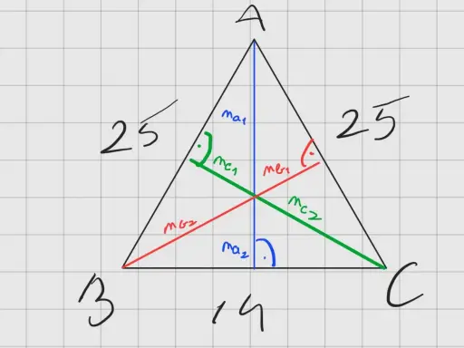 Triángulo isósceles con lados de 25 y base de 14. Se ilustra cómo se calcula la altura de un triángulo isósceles usando el teorema de Pitágoras.