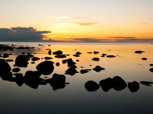 Solnedgång över havet vid en stenig strand på ar Gotland. Mörka stenar speglas i det lugna vattnet under en himmel i orange och gult.