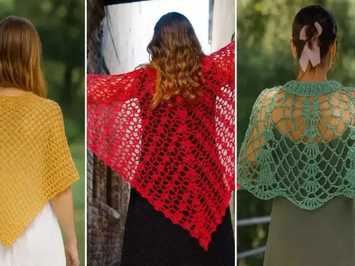 Tres ponchos a crochet rectangulares: uno amarillo, uno rojo y uno verde.