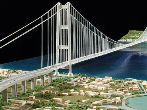Maqueta de un puente colgante con pilares y cables que forman **puentes triangulados**, cruzando un cuerpo de agua y conectando dos orillas con una ciudad en miniatura.