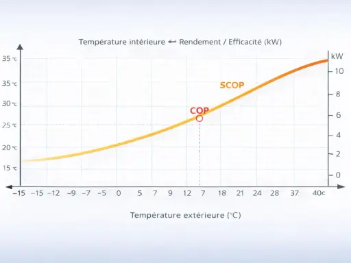 Courbe montrant le rendement d'une climatisation en fonction de la température extérieure. Le COP et le SCOP sont indiqués.