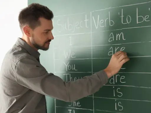 Nauczyciel pisze na tablicy "Subject", "Verb 'to be'". Przygotowanie do egzaminu z certyfikatem C1 angielski.