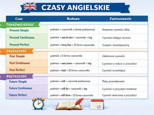Ściąga czasów angielskich: Present Simple, Past Simple, Future Simple i inne. Tabela z budową i zastosowaniem czasów.