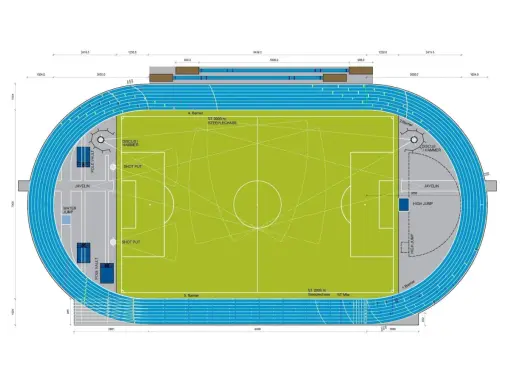 Grundriss einer Leichtathletikanlage mit Fußballfeld. Die Maße der Tartanbahn sind angegeben, um zu zeigen, wie lang eine Tartanbahn sein kann.