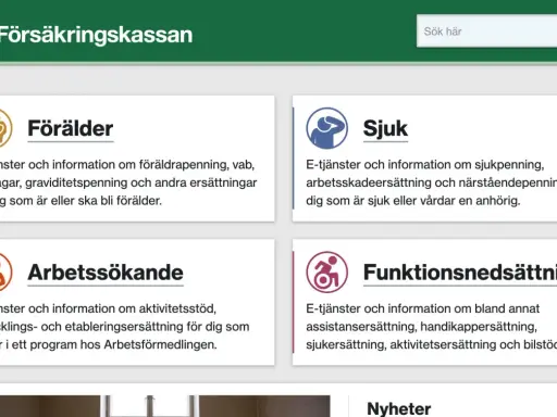 Försäkringskassan visar information om föräldrar, sjukdom och funktionsnedsättning. Graviditetspenning finns under föräldrar.