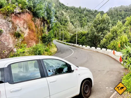 Weißes Auto auf einer kurvigen Straße auf Madeira. Die Fahrt durch die üppige grüne Landschaft ist ein Abenteuer.