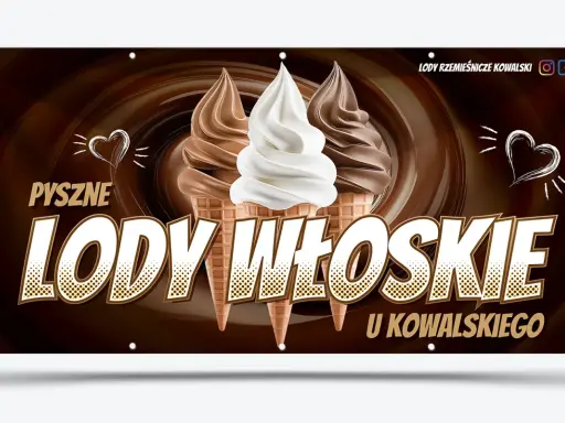 Pyszne lody włoskie u Kowalskiego! Reklama produktu plakat zachęca do spróbowania lodów rzemieślniczych.