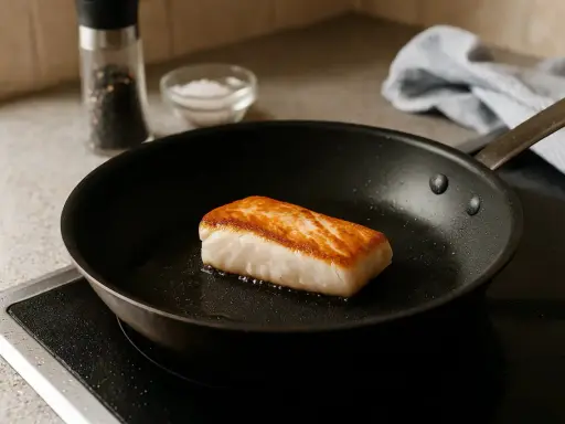 En bit torskfile steks gyllene i en stekpanna. Salt och pepparkvarn syns i bakgrunden.