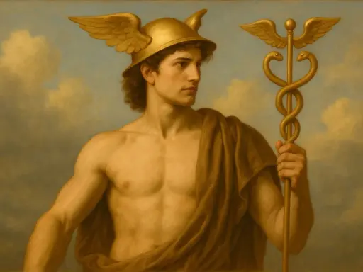 Hermes, der griechische Gott, trägt seinen geflügelten Helm und hält den Caduceus.