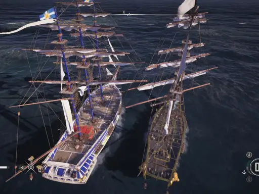 Zwei Brigantine Schiffe segeln nebeneinander auf dem offenen Meer.