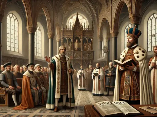 Kung Gustav Vasa läser ur en bok, omgiven av präster och adelsmän i en kyrka. Scenen skildrar reformationen i Sverige.