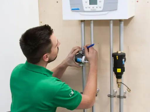 Instalator montuje separator zanieczyszczeń na rurze pod kotłem. Prawidłowe umiejscowienie zapewni ochronę systemu.