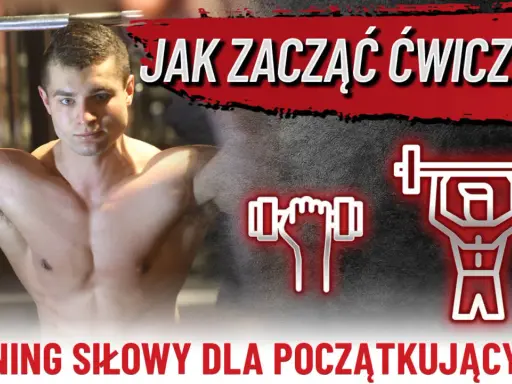 Młody mężczyzna z wyćwiczonymi ramionami trzyma sztangę. Obok ikony hantli i sylwetki podnoszącej ciężar. Temat: trening siłowy dla początkujących.