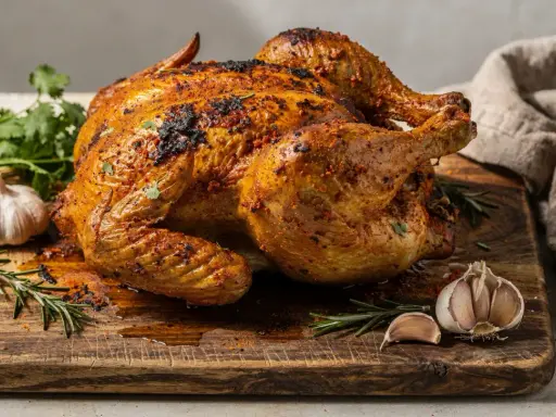 Pollo a la brasa dorado y jugoso, servido en tabla de madera con ajo, romero y cilantro. ¡Un festín para los sentidos!