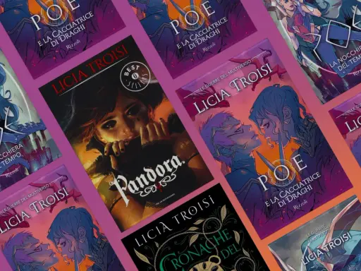 Copertine di libri di Licia Troisi: "Pandora", "Poe e la cacciatrice di draghi", "La nocchiera del tempo" e "Le guerre del multiverso".