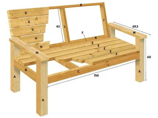 Ritning för att bygga enkel bänk ute. Visar delar och mått för en träbänk.