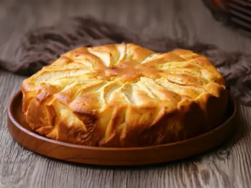 Una deliziosa torta di mele dorata, con le mele disposte a raggiera sulla superficie, pronta per essere gustata.