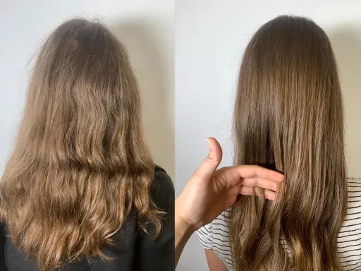 Vorher/Nachher-Vergleich: krauses Haar wird glatt und glänzend durch die Keratin-Wirkung.
