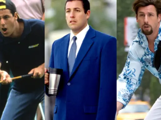 Adam Sandler i tre olika roller från sina filmer. En som golfare, en i kostym och en i en blommig skjorta.