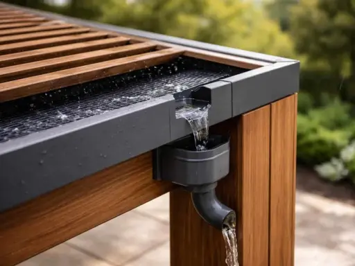 Système d'évacuation eau de pluie pergola en action, l'eau ruisselle sur le toit en bois et métal vers la gouttière.