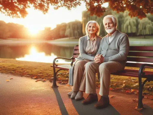 Pareja mayor sonríe sentada en un banco junto a un lago al atardecer, disfrutando de la tranquilidad que les brinda su paga vitalicia.