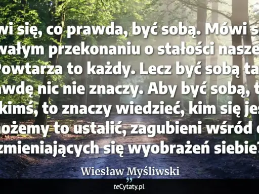 Las skąpany w słońcu. Cytat: "Aby być sobą, trzeba być kimś, to znaczy wiedzieć, kim się jest. A jak możemy to ustalić, zagubieni wśród ciągle zmieniających się wyobrażeń siebie?" Wiesław Myśliwski. Wiem że nic nie wiem.