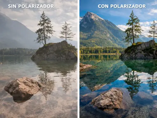 Comparativa de paisaje: sin polarizador, el agua se ve opaca; con filtro CPL, el agua es cristalina y los colores vibrantes.