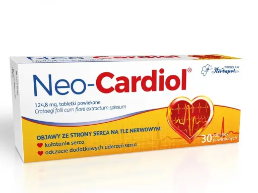 Opakowanie leków na serce Neo-Cardiol, z symbolem serca i EKG. Pomaga na kołatanie serca.