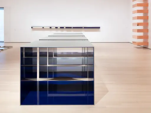 Installazione di Donald Judd con elementi blu e metallici su pavimento in legno chiaro, in una galleria d'arte.