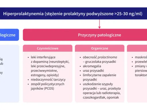 Schemat przyczyn hiperprolaktynemii. Metoklopramid może wpływać na poziom prolaktyny, podobnie jak stres czy ciąża.