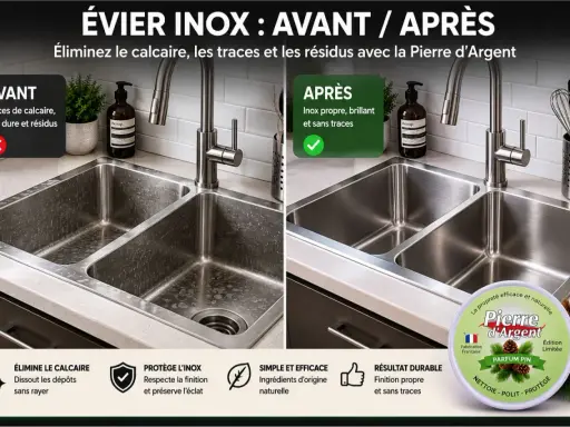 Avant/après d'un évier inox : le nettoyage de la cuve inox révèle un éclat sans traces grâce à la Pierre d'Argent.