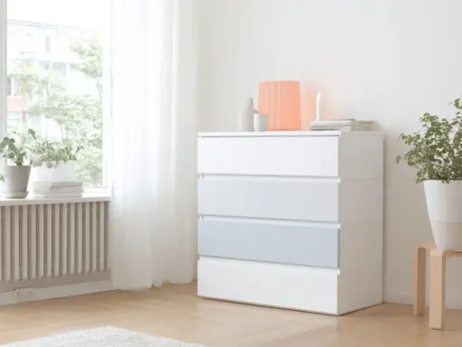 Eine weiße MALM Kommode mit vier Schubladen, eine davon hellblau, steht neben einem Fenster. Darauf sind Deko-Objekte und eine Kerze.