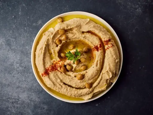 Krämig hummus med kikärtor, olivolja och paprikapulver. Ett perfekt hummus recept för alla tillfällen.