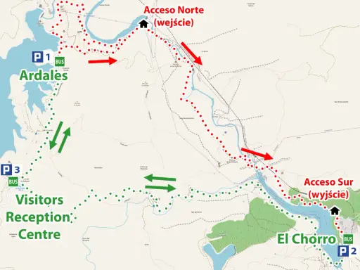 Mapa szlaku Caminito del Rey z zaznaczonymi parkingami, wejściami i drogą.