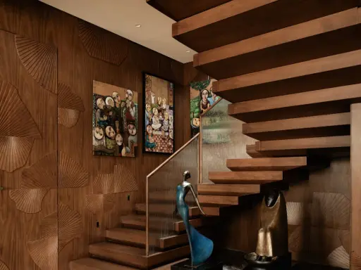Elegante interior design casa con pareti in legno intagliato a ventaglio, quadri astratti e una scala sospesa in legno.