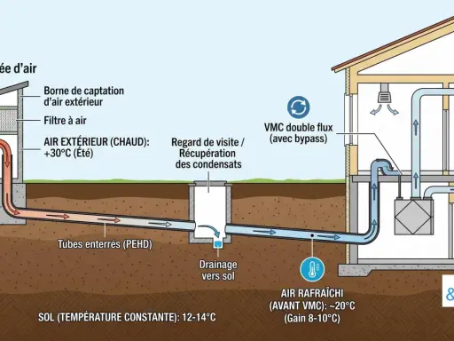 Schéma d'un puits canadien : l'air extérieur est préchauffé ou pré-refroidi par le sol avant d'entrer dans la maison. Avantages et inconvénients à considérer.