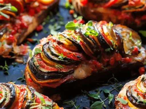 Un délicieux tian de légumes, aux fines tranches d'aubergine, courgette et tomate, garni d'herbes fraîches.