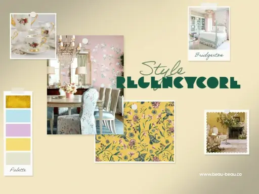 Ambiance douce et florale dans un style Regencycore : vaisselle fine, salle à manger élégante, motifs oiseaux et fleurs, et une chambre inspirée de Bridgerton.