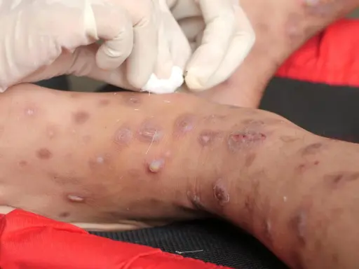 Mani guantate applicano un trattamento su una gamba affetta da scabbia. La temperatura ideale per uccidere la scabbia è di 50°C.
