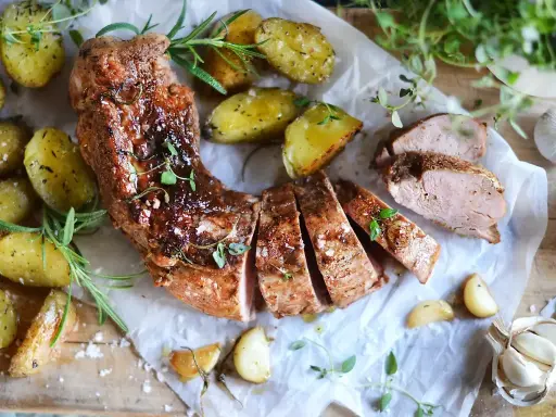 En saftig ytterfile i ugn, skuren i skivor, serverad med ugnsrostade potatisar, vitlök och färska örter.