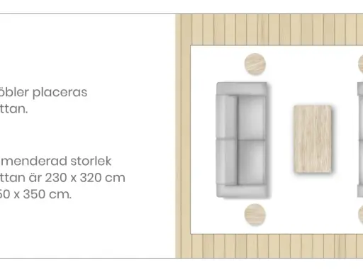 En matta under divansoffa och soffbord, med rekommenderade mått 230x320 cm eller 250x350 cm.