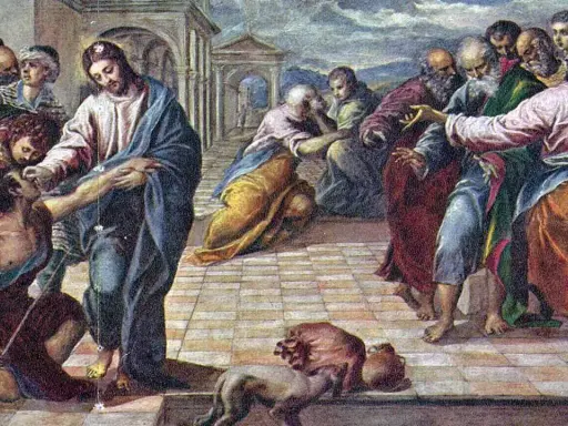 Jezus dotyka twarzy trędowatego, dokonując uzdrowienia. Wokół zgromadził się tłum ludzi, niektórzy z niedowierzaniem, inni z nadzieją.