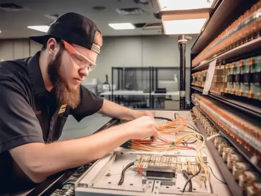 Młody technik w okularach ochronnych pracuje nad skomplikowanym systemem przewodów, rozwijając swoje umiejętności w dziedzinie mechatroniki.