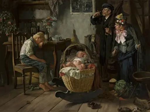 Chłopiec zasnął przy stole, podczas gdy rodzice szykują się do wyjścia. W koszyku płacze dziecko. Obraz przypomina przedwojenne kołysanki.