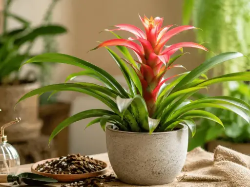 Bromelia en maceta con flores rojas vibrantes. A su lado, una regadera dorada y tierra, sugiriendo cuidados para esta planta exótica.