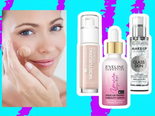 Kobieta aplikuje podkład, obok trzy produkty: najlepsza baza pod makijaż nawilżająca, baza z efektem "glass skin" i baza z kwasem hialuronowym.