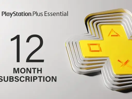 PlayStation Plus Essential: 12-miesięczna subskrypcja z dostępem do gier. Ikona PS Plus i przyciski kontrolera.