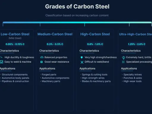 Classificazione dei gradi di carbon steel: da basso a ultra-alto tenore di carbonio, con caratteristiche e applicazioni.